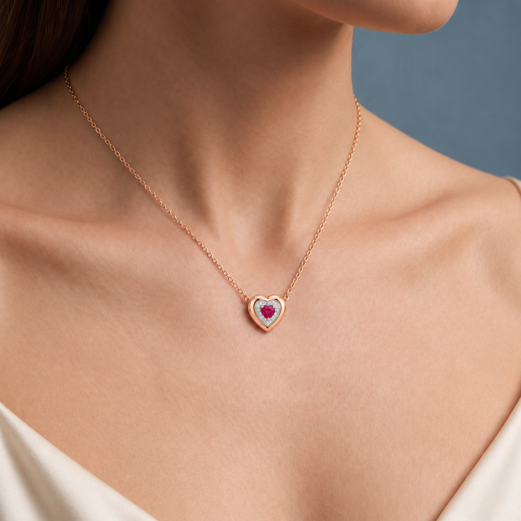 14K Rose Gold Lab Grown Heart Ruby Diamond Halo Pendant - Close-up