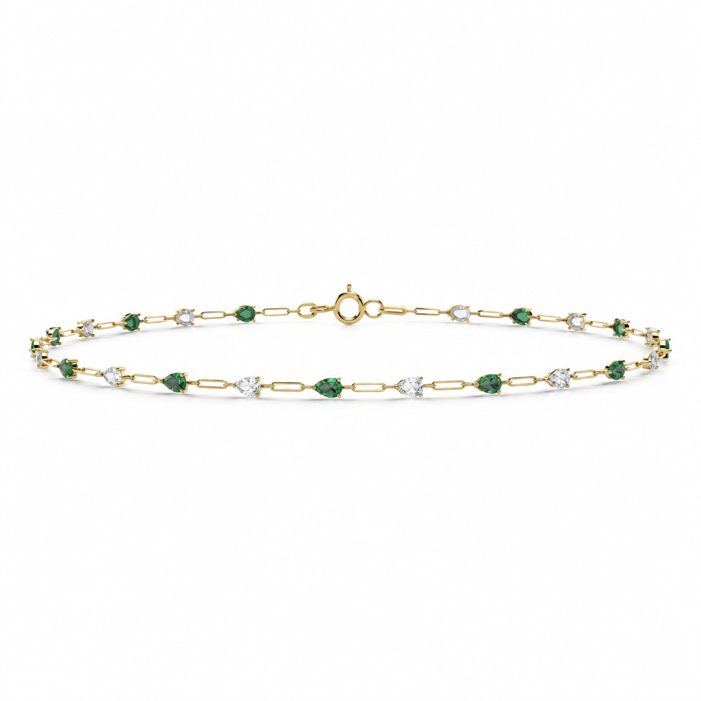 10K Yellow Gold Lab Grown Pear Emerald Diamond Station Bracelet