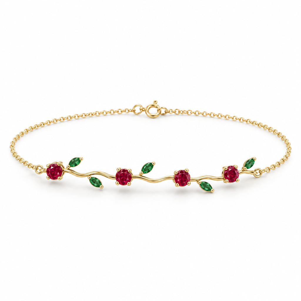10K Yellow Gold Lab Grown Ruby Emerald Vine Bracelet - View 4