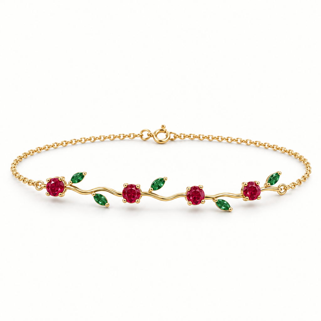 14K Yellow Gold Lab Grown Ruby Emerald Vine Bracelet