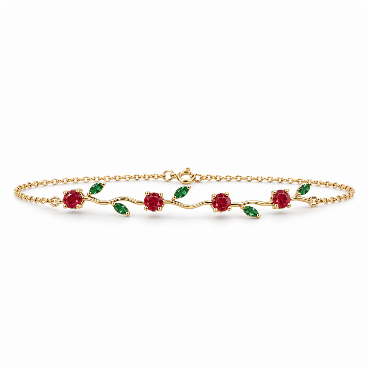 10K Yellow Gold Lab Grown Ruby Emerald Vine Bracelet - View 3
