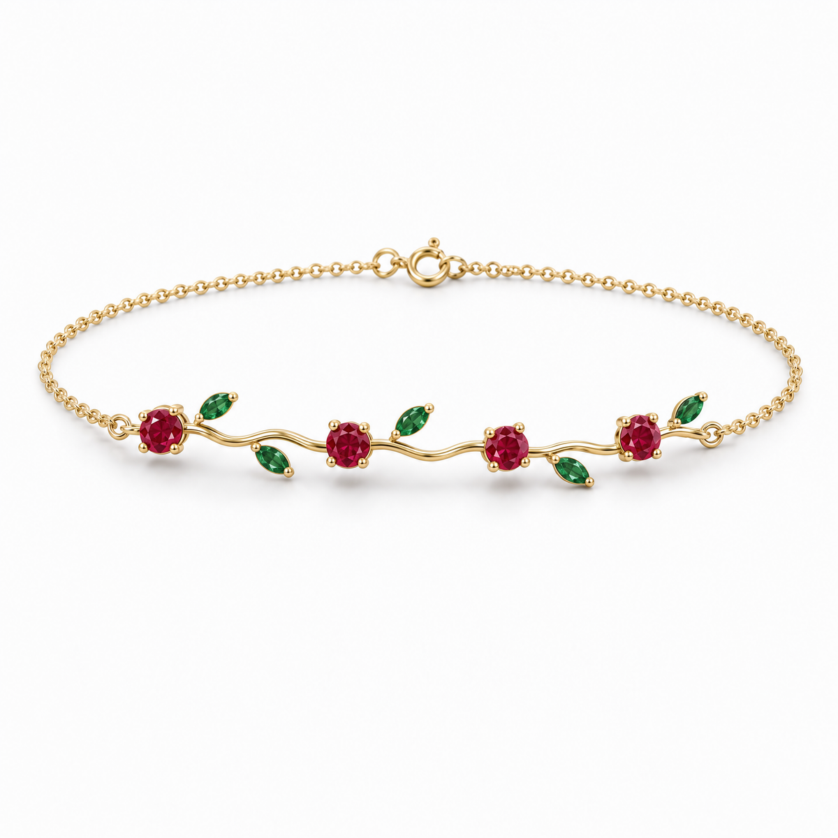 14K Yellow Gold Lab Grown Ruby Emerald Vine Bracelet - View 2