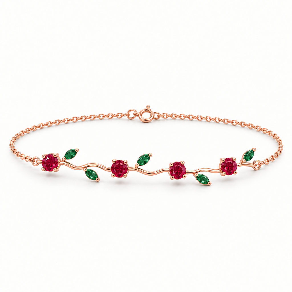 14K Rose Gold Lab Grown Ruby Emerald Vine Bracelet