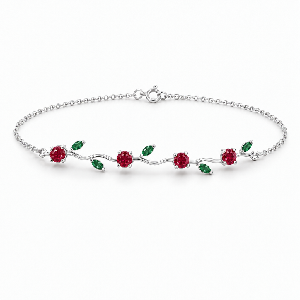 Platinum Lab Grown Ruby Emerald Vine Bracelet - View 2