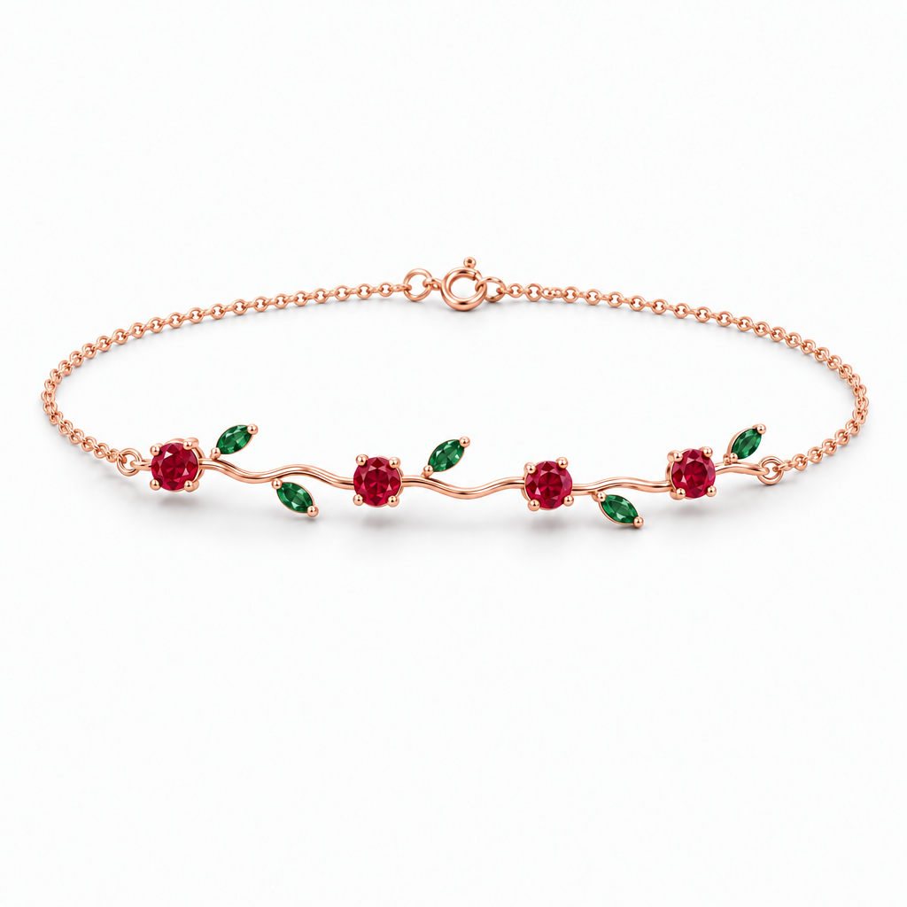 14K Rose Gold Lab Grown Ruby Emerald Vine Bracelet - View 2