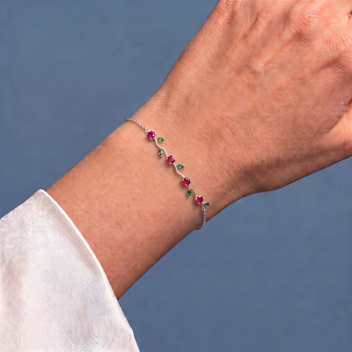 14K White Gold Lab Grown Ruby Emerald Vine Bracelet - Close-up