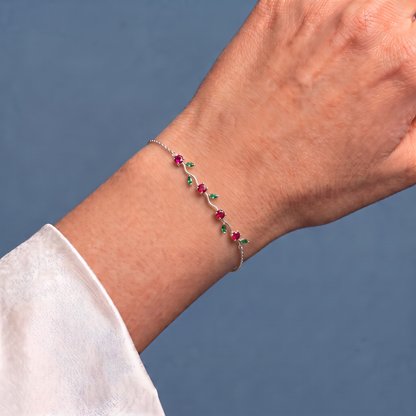 Platinum Lab Grown Ruby Emerald Vine Bracelet - Close-up