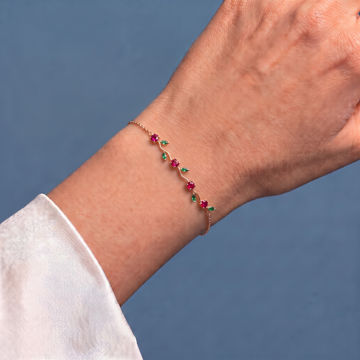 14K Rose Gold Lab Grown Ruby Emerald Vine Bracelet - Close-up