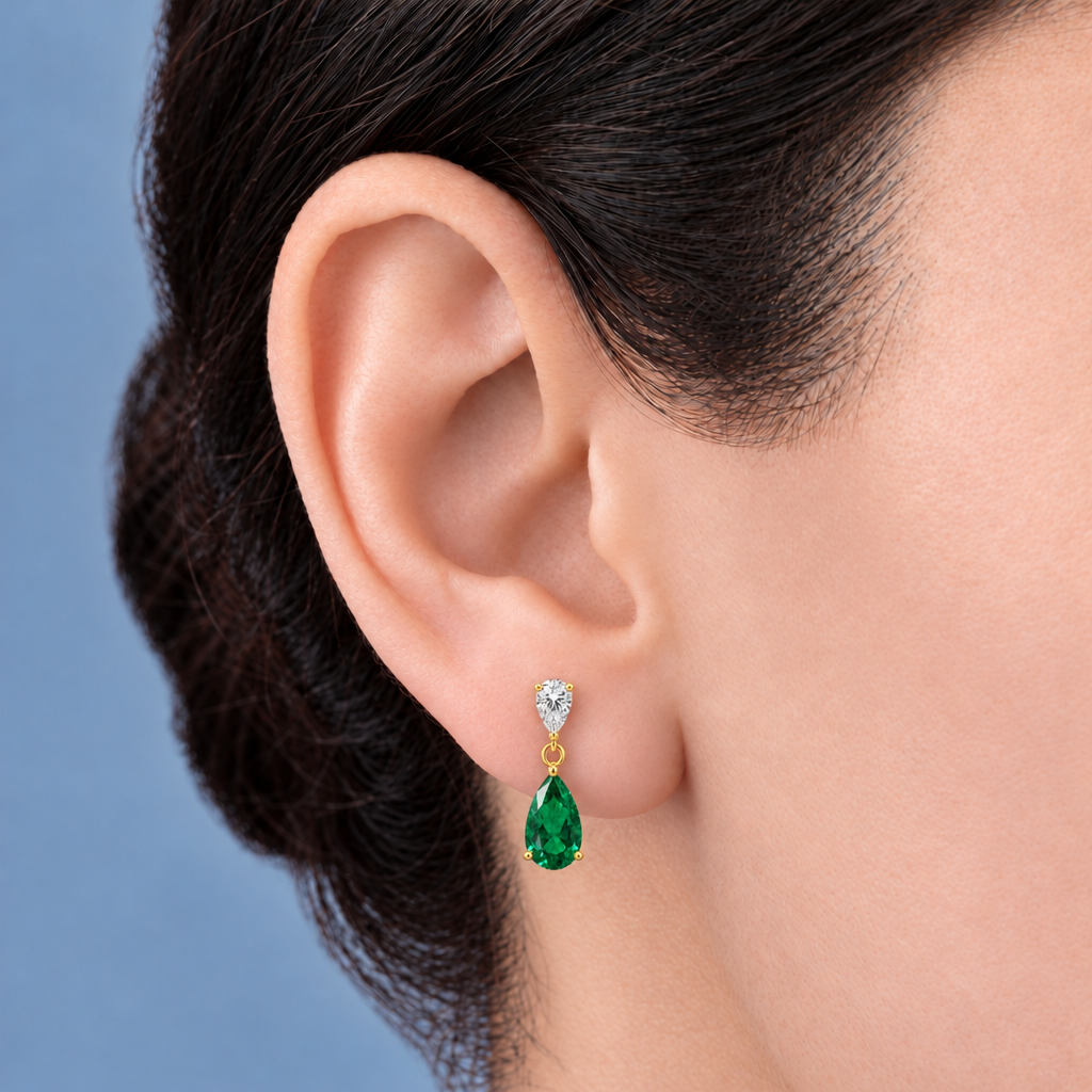 10K Yellow Gold Lab Grown Pear Emerald Diamond Drop Earrings - Worn on the ear