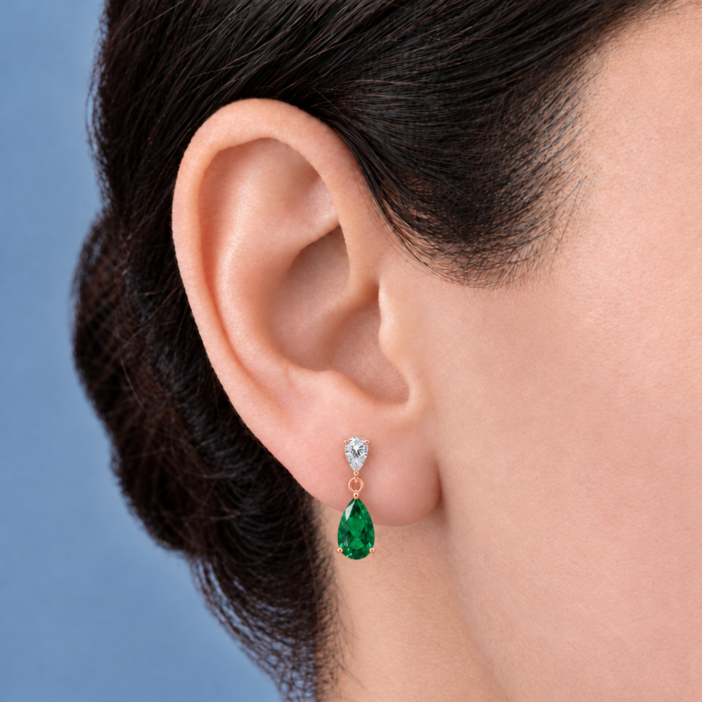 14K Rose Gold Lab Grown Pear Emerald Diamond Drop Earrings - Worn on the ear