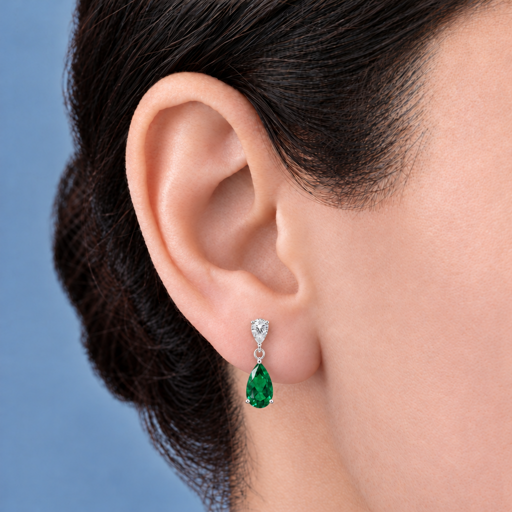 10K White Gold Lab Grown Pear Emerald Diamond Drop Earrings - Worn on the ear