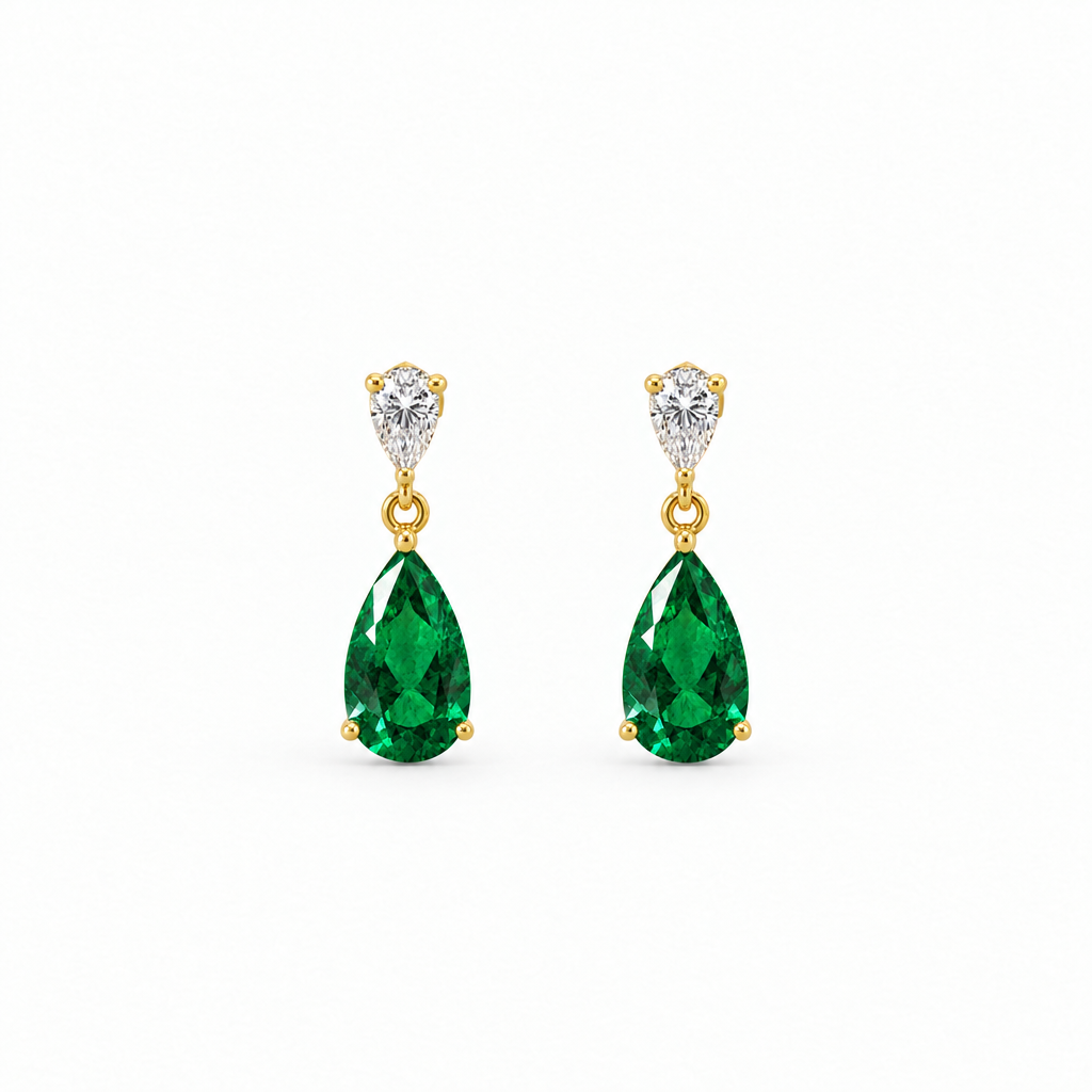 10K Yellow Gold Lab Grown Pear Emerald Diamond Drop Earrings - Close-up