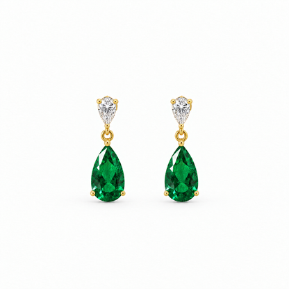 10K Yellow Gold Lab Grown Pear Emerald Diamond Drop Earrings - Close-up