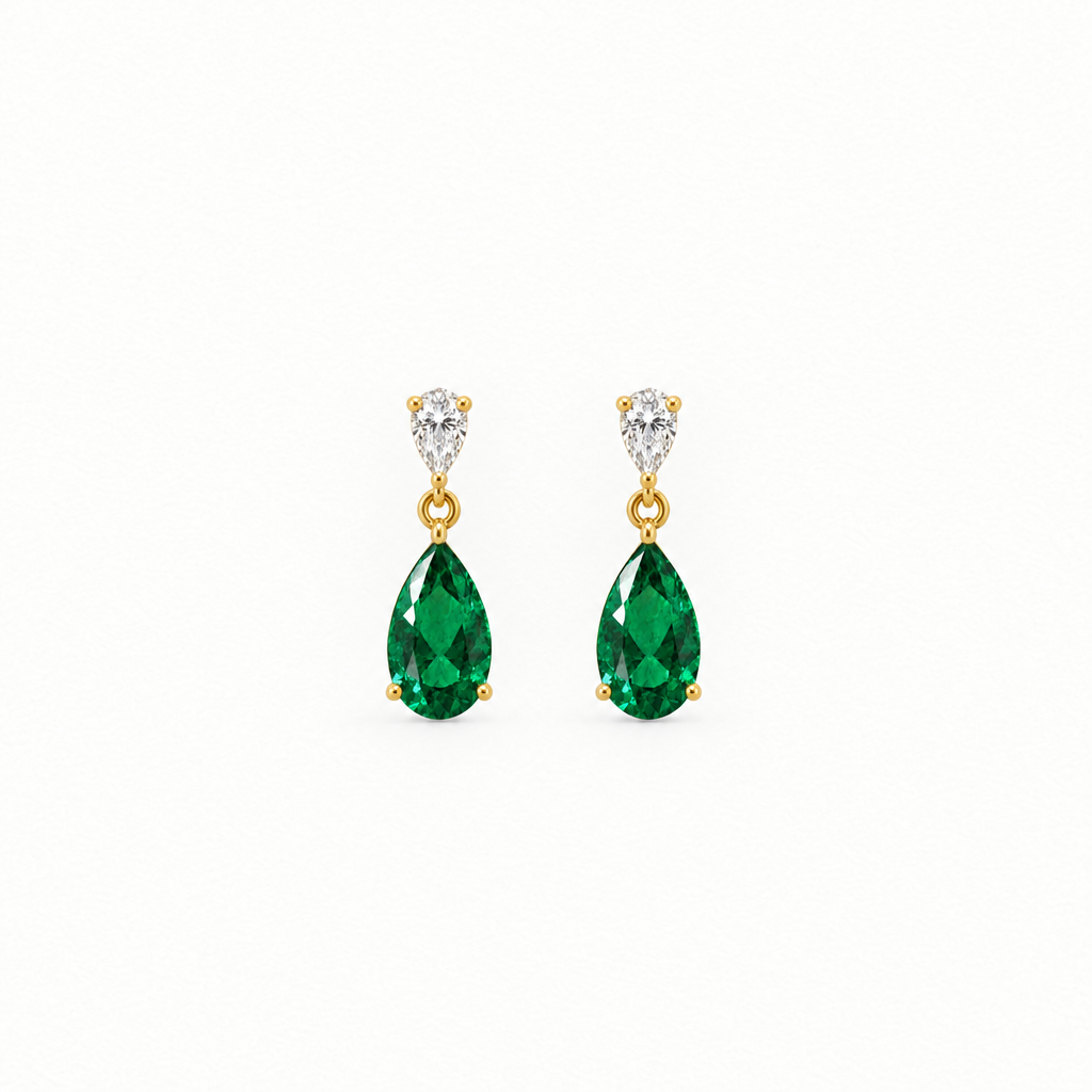 14K Yellow Gold Lab Grown Pear Emerald Diamond Drop Earrings - Top view
