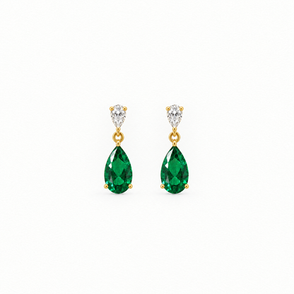 14K Yellow Gold Lab Grown Pear Emerald Diamond Drop Earrings - Top view