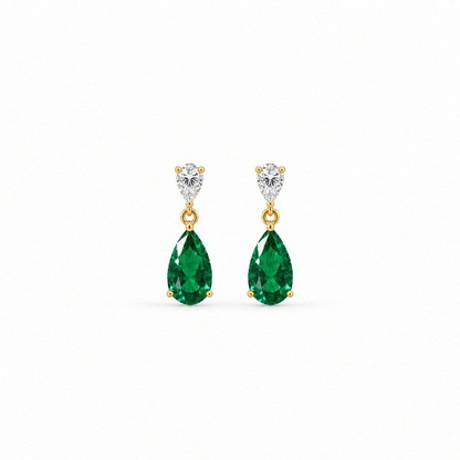 10K Yellow Gold Lab Grown Pear Emerald Diamond Drop Earrings