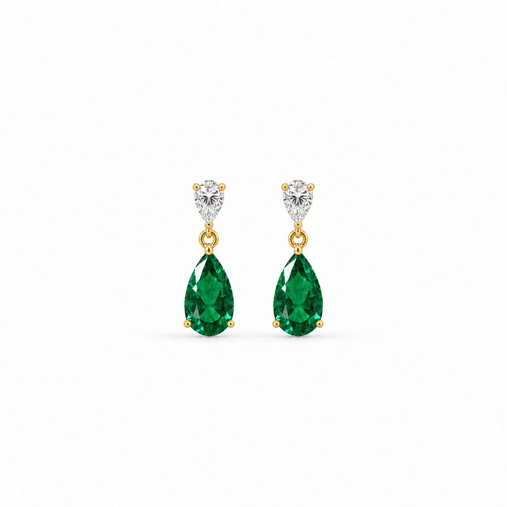 14K Yellow Gold Lab Grown Pear Emerald Diamond Drop Earrings