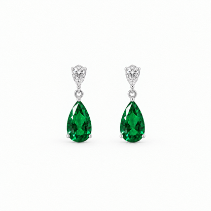 Sterling Silver Lab Grown Pear Emerald Diamond Drop Earrings - Close-up