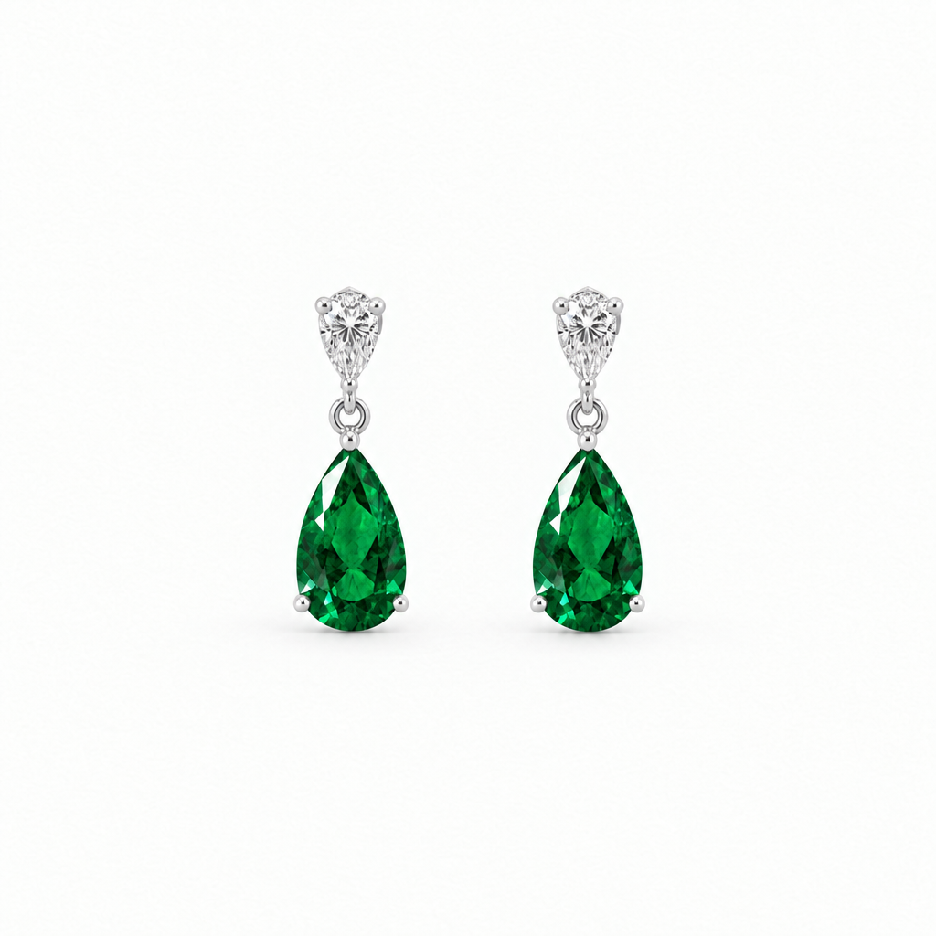 10K White Gold Lab Grown Pear Emerald Diamond Drop Earrings - Close-up