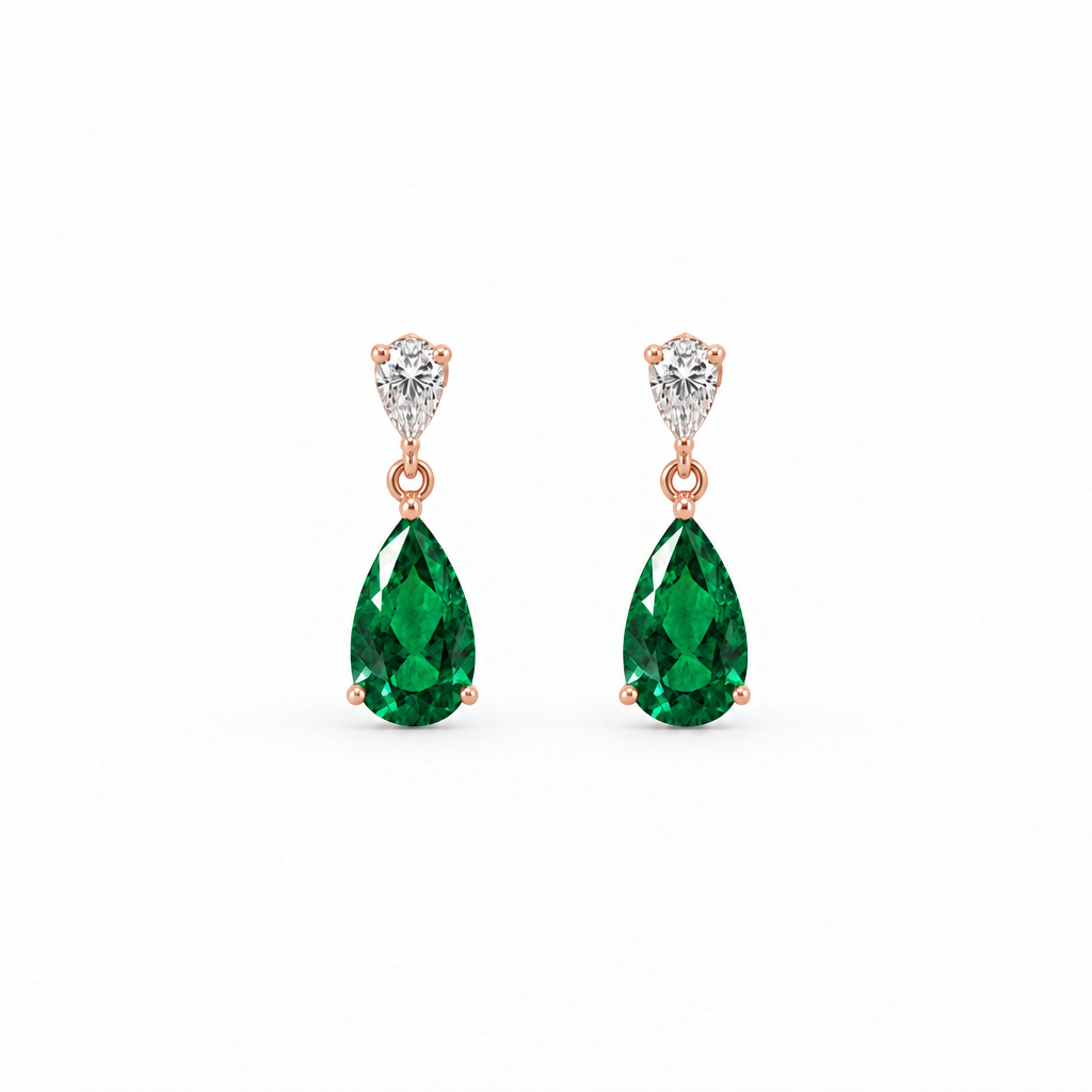 14K Rose Gold Lab Grown Pear Emerald Diamond Drop Earrings - Close-up