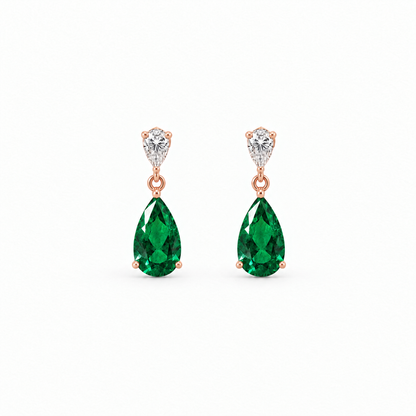 14K Rose Gold Lab Grown Pear Emerald Diamond Drop Earrings - Close-up