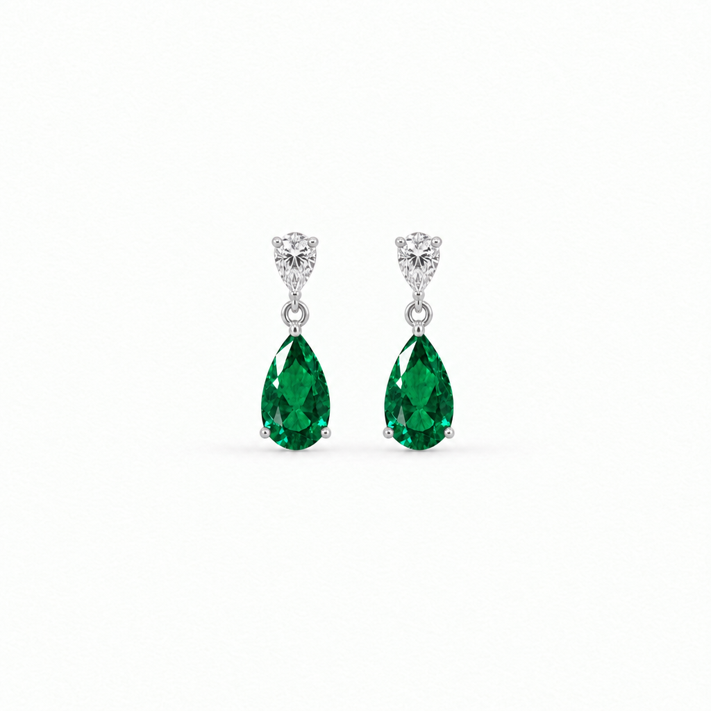 14K White Gold Lab Grown Pear Emerald Diamond Drop Earrings