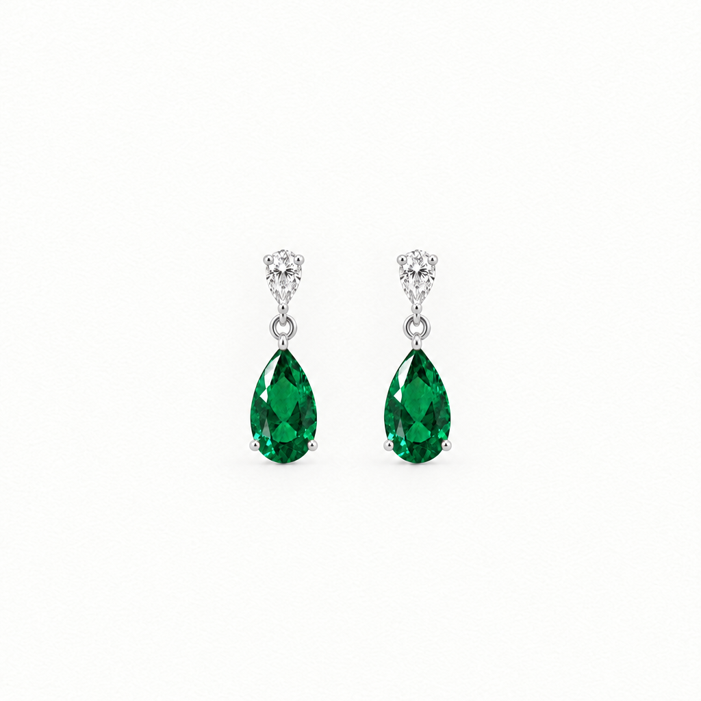 Sterling Silver Lab Grown Pear Emerald Diamond Drop Earrings - Top view