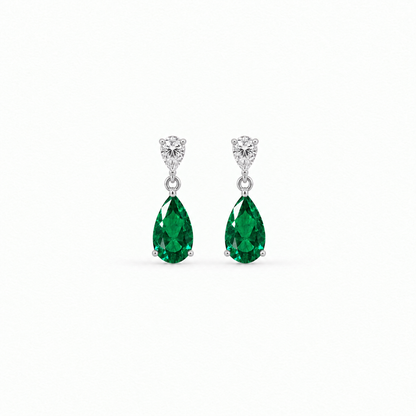 Sterling Silver Lab Grown Pear Emerald Diamond Drop Earrings