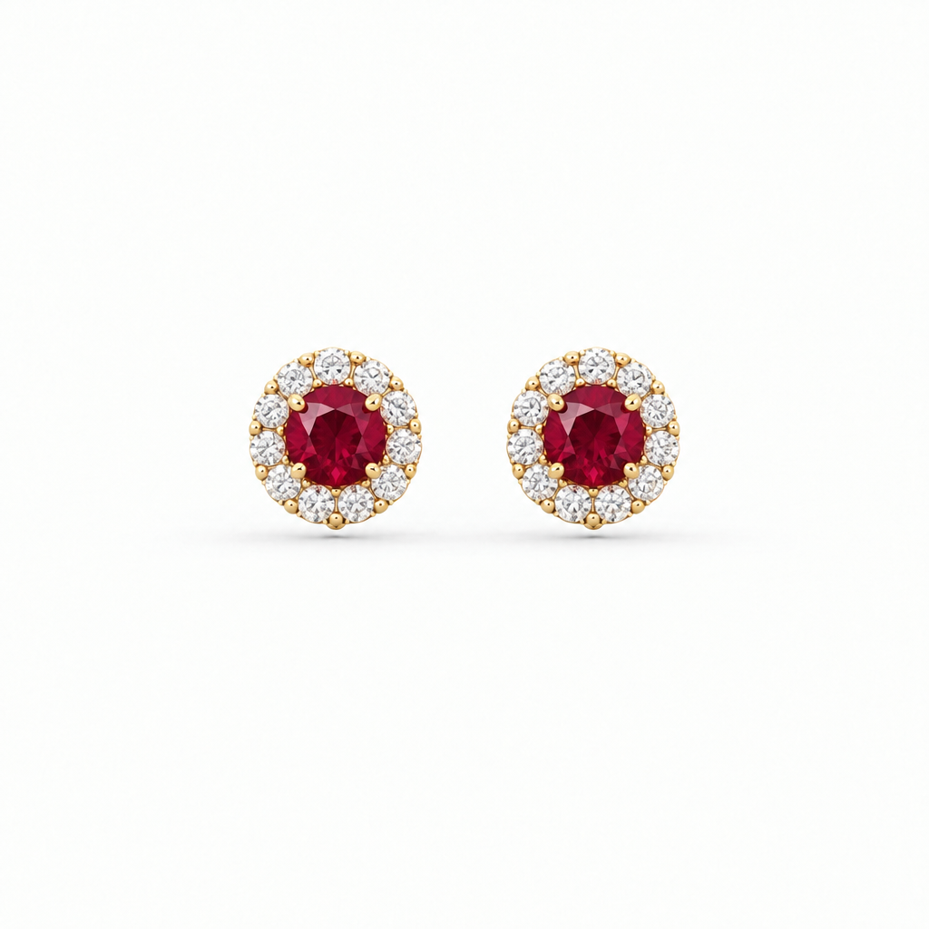 10K Yellow Gold Lab Grown Ruby Diamond Halo Stud Earrings