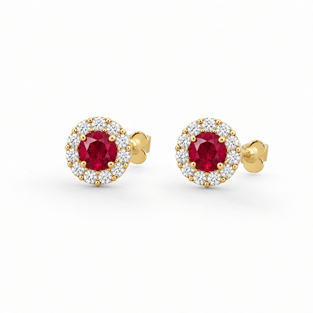 10K Yellow Gold Lab Grown Ruby Diamond Halo Stud Earrings - Close-up