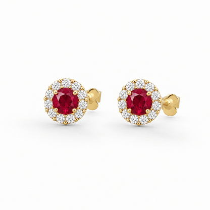 10K Yellow Gold Lab Grown Ruby Diamond Halo Stud Earrings - Close-up