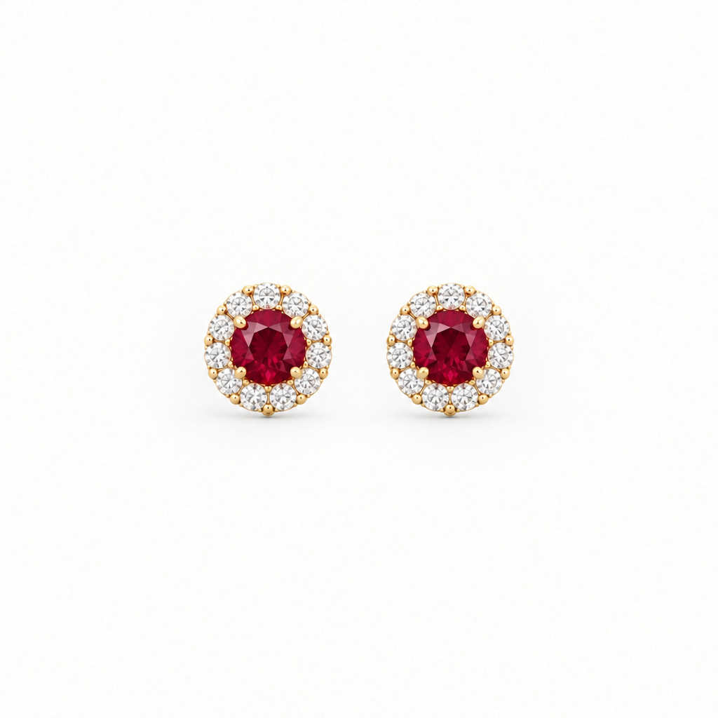 10K Yellow Gold Lab Grown Ruby Diamond Halo Stud Earrings - Top view