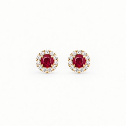 10K Yellow Gold Lab Grown Ruby Diamond Halo Stud Earrings - Top view