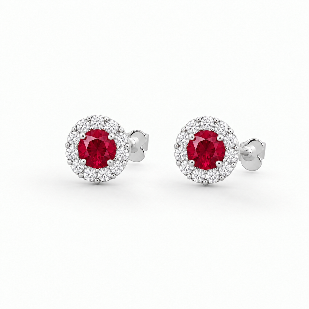 Sterling Silver Lab Grown Ruby Diamond Halo Stud Earrings - Close-up