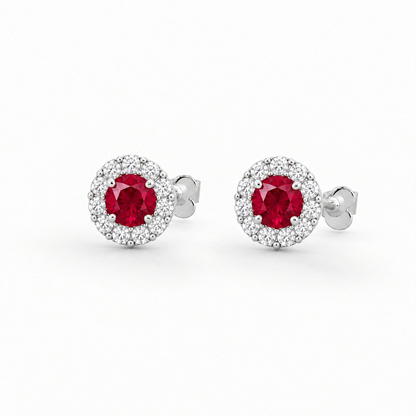 Sterling Silver Lab Grown Ruby Diamond Halo Stud Earrings - Close-up