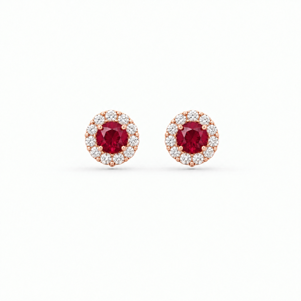 14K Rose Gold Lab Grown Ruby Diamond Halo Stud Earrings