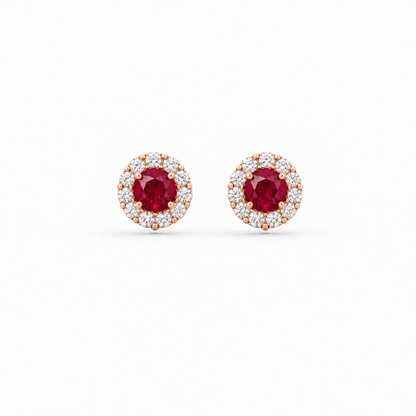 14K Rose Gold Lab Grown Ruby Diamond Halo Stud Earrings