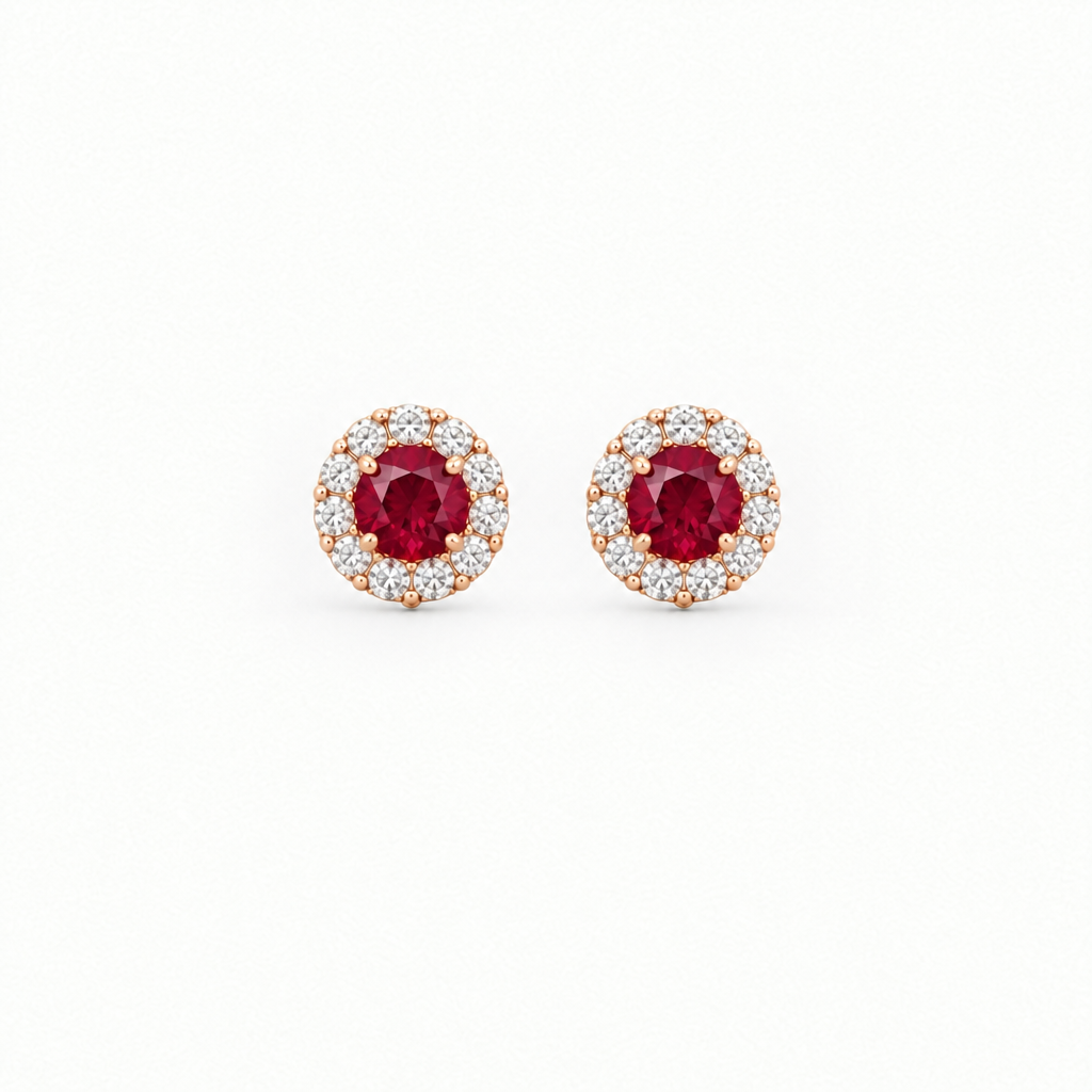 14K Rose Gold Lab Grown Ruby Diamond Halo Stud Earrings - Top view