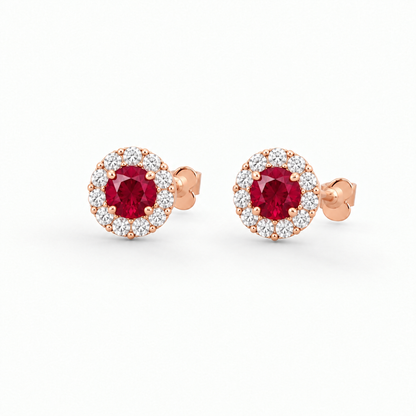 14K Rose Gold Lab Grown Ruby Diamond Halo Stud Earrings - Close-up