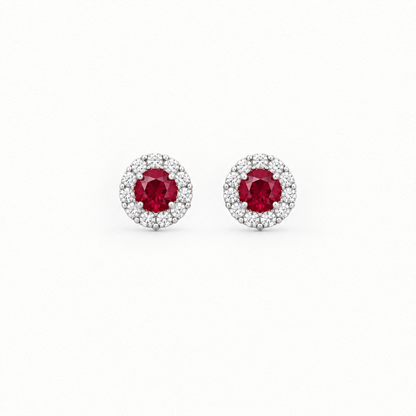Sterling Silver Lab Grown Ruby Diamond Halo Stud Earrings - Top view
