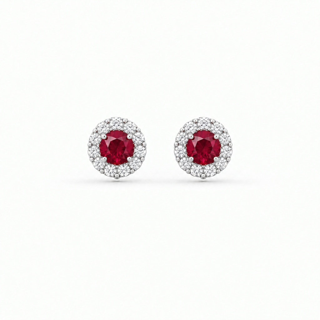 10K White Gold Lab Grown Ruby Diamond Halo Stud Earrings