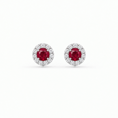 10K White Gold Lab Grown Ruby Diamond Halo Stud Earrings