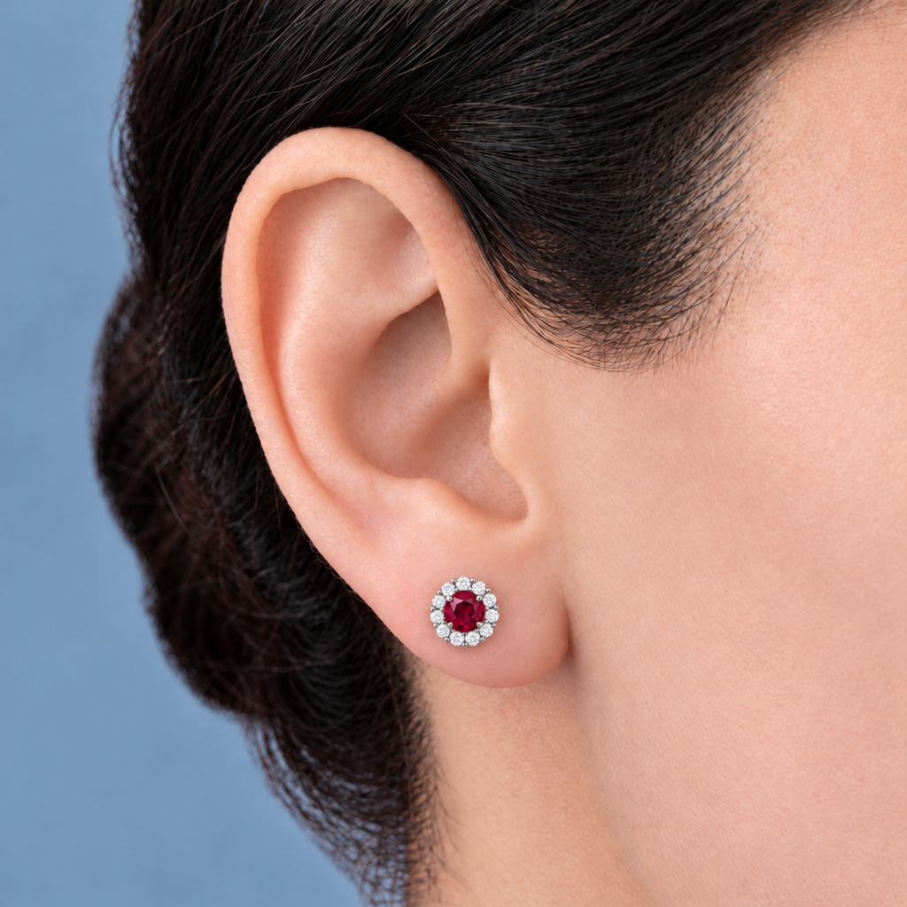 Sterling Silver Lab Grown Ruby Diamond Halo Stud Earrings - Worn on the ear