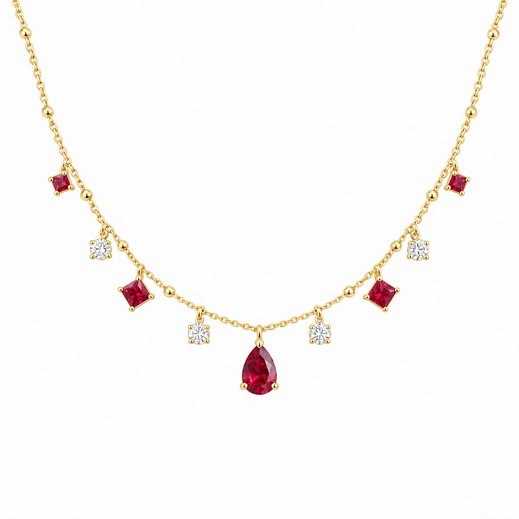 10K Yellow Gold Lab Grown Ruby Diamond Station Necklace