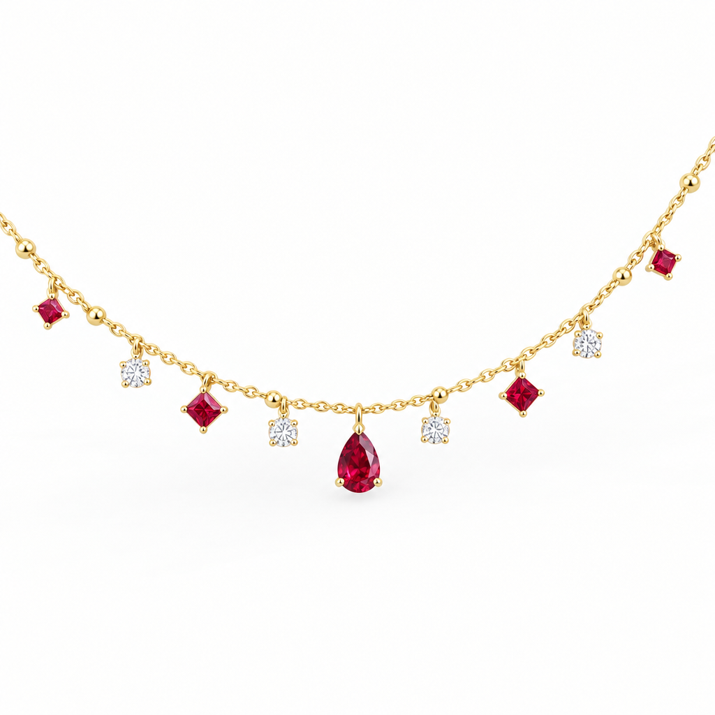 10K Yellow Gold Lab Grown Ruby Diamond Station Necklace - View 2