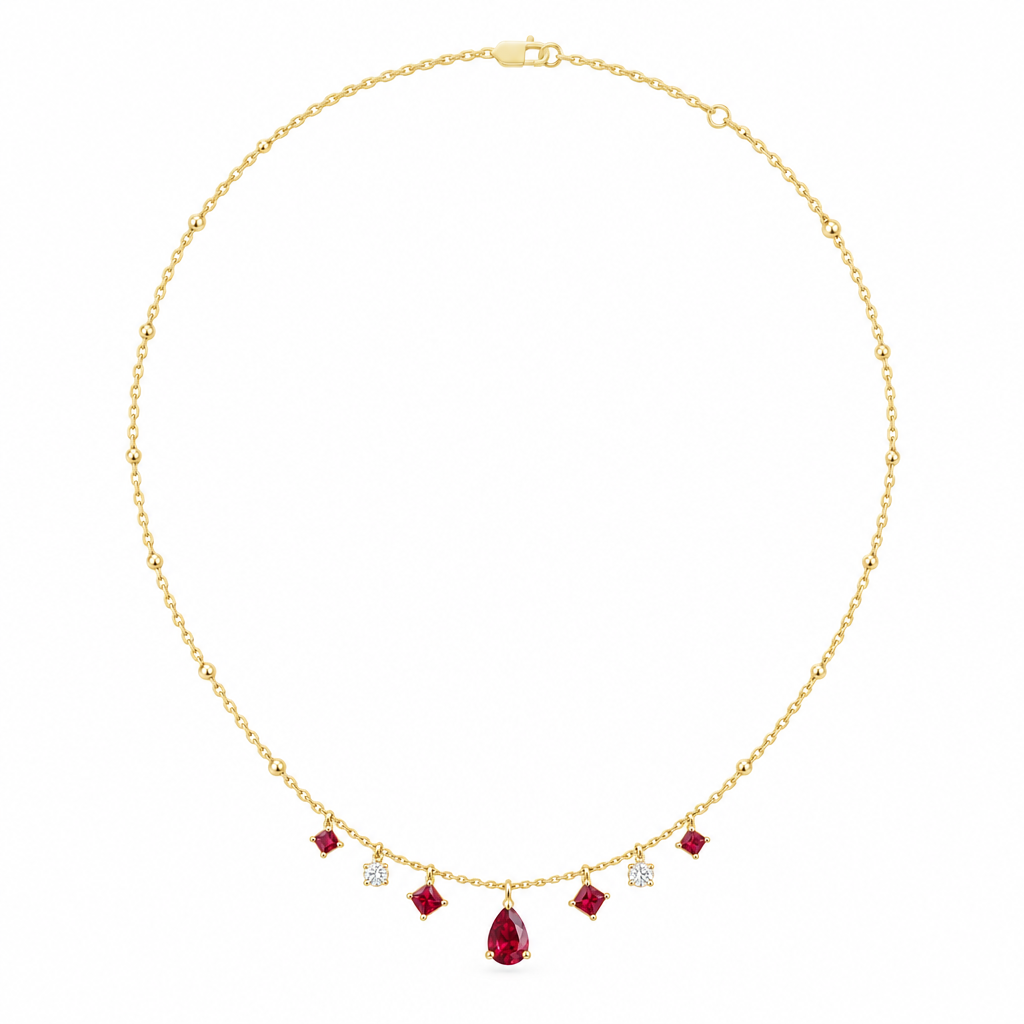 14K Yellow Gold Lab Grown Ruby Diamond Station Necklace - View 3