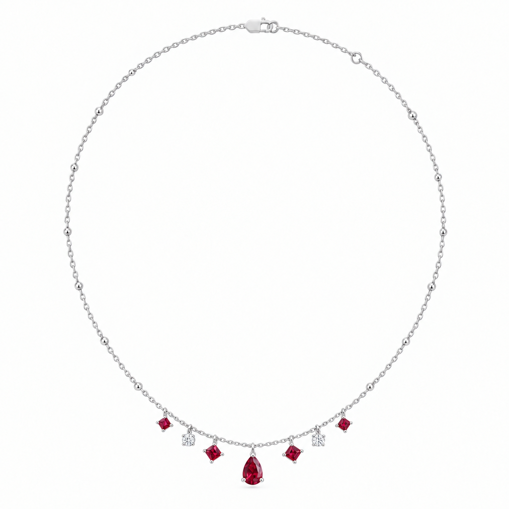 14K White Gold Lab Grown Ruby Diamond Station Necklace - View 3