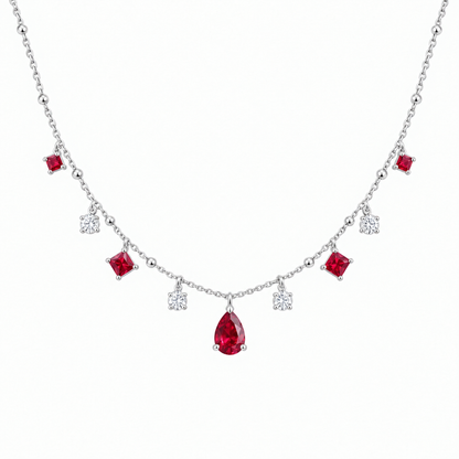 14K White Gold Lab Grown Ruby Diamond Station Necklace