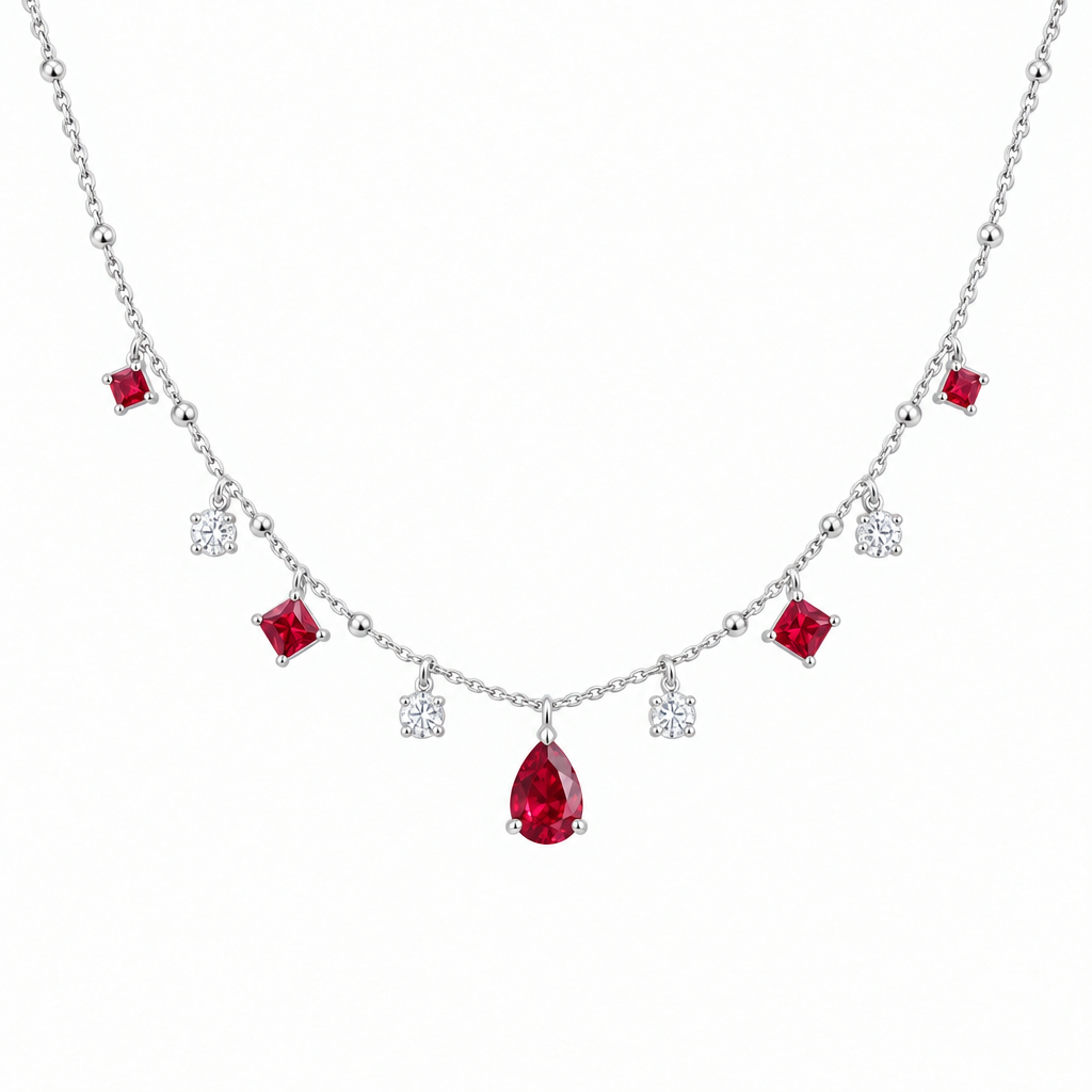 Sterling Silver Lab Grown Ruby Diamond Station Necklace
