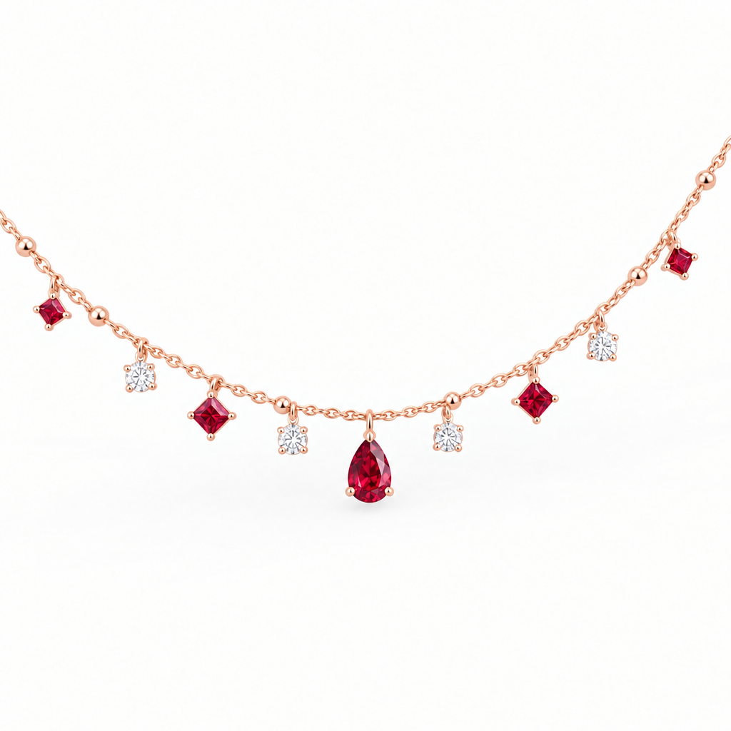 14K Rose Gold Lab Grown Ruby Diamond Station Necklace - View 2